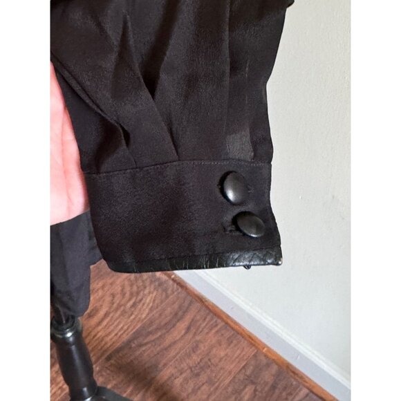 Vintage Erena By Irene Koenig Black Blouse Leather Trim Peplum Size 6 - Picture 4 of 12